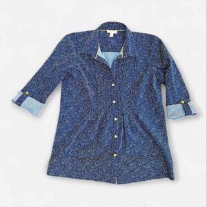 Charter Club Navy Blue & White Polka Dot Long Sleeve Shirt With Gold Buttons.